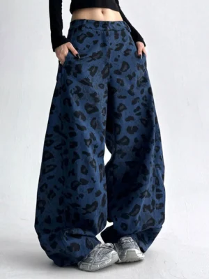 Niebieskie jeansy damskie baggy z wysokim stanem, w panterkę, w stylu Y2K