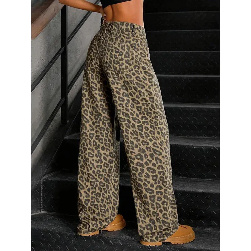 Jeansy damskie baggy z wysokim stanem, w panterkę, w stylu retro