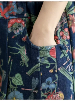 Jeansy damskie baggy z elastycznego denimu, z kwiatowym wzorem