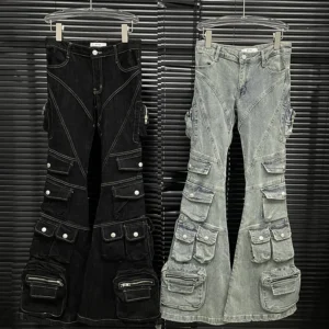 Jeansy damskie cargo z wysokim stanem