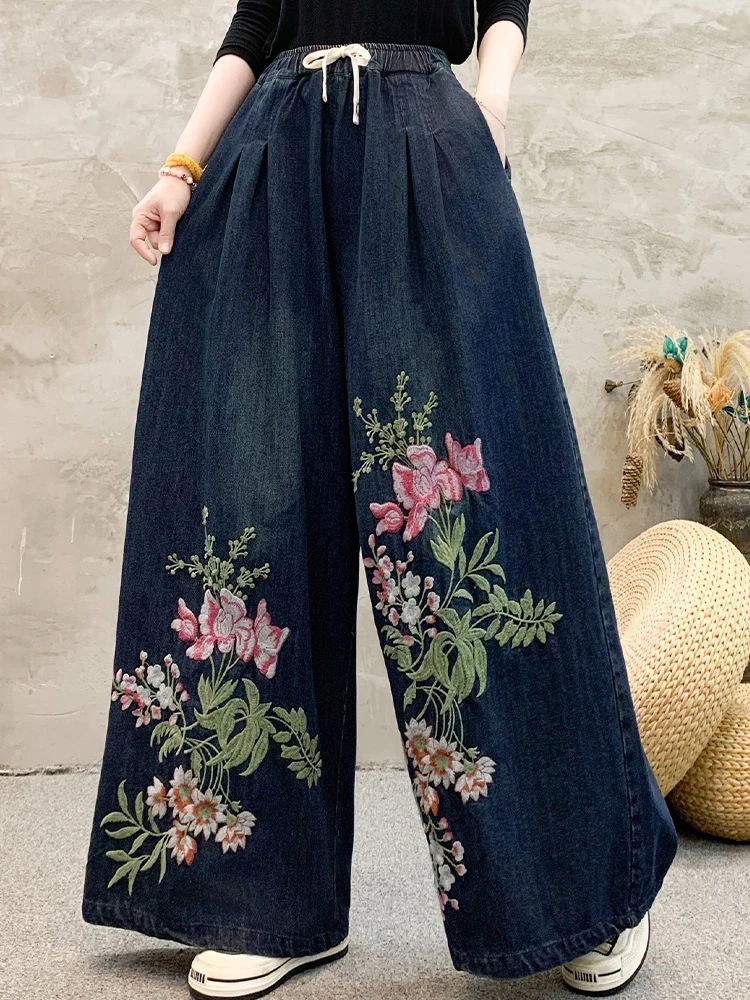 Jeansy damskie baggy z haftem, z kwiatowym wzorem, w stylu retro