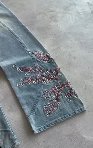 Niebieskie jeansy damskie baggy z haftem, z kwiatowym wzorem, w stylu Y2K