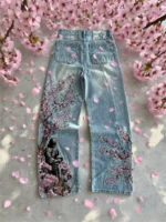 Niebieskie jeansy damskie baggy z haftem, z kwiatowym wzorem, w stylu Y2K