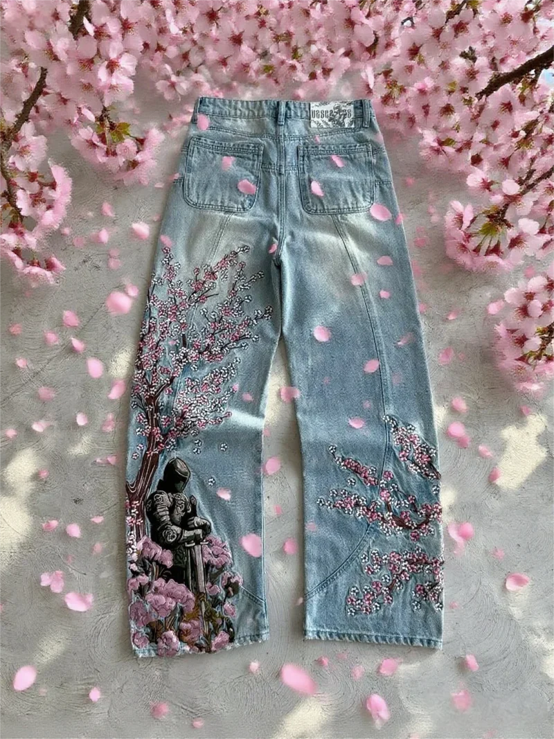 Niebieskie jeansy damskie baggy z haftem, z kwiatowym wzorem, w stylu Y2K