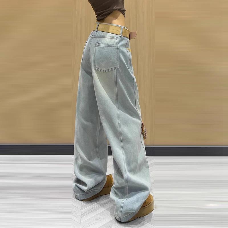 Jeansy damskie baggy z haftem, w stylu Y2K