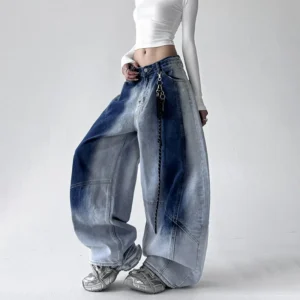 Niebieskie jeansy damskie baggy, w stylu Y2K