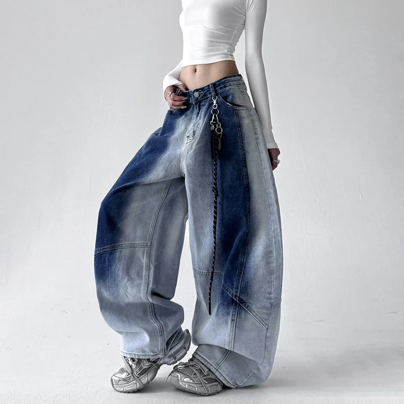 Niebieskie jeansy damskie baggy, w stylu Y2K