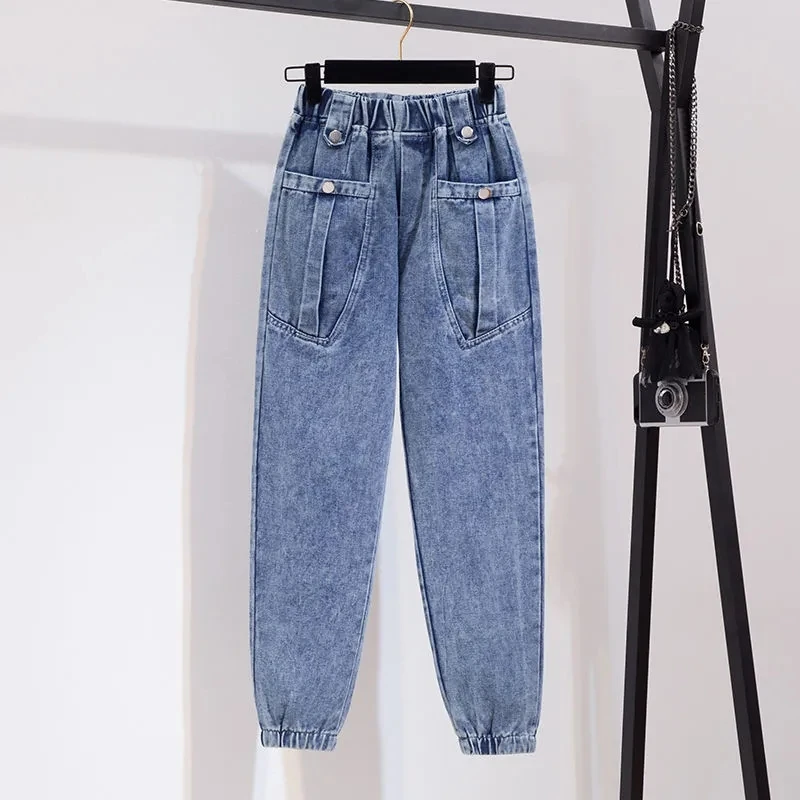 Jeansy damskie baggy z wysokim stanem, z elastycznego denimu