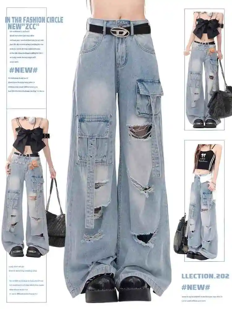 Jeansy damskie baggy z ciemnym wzorem na nogawkach - ujęcie produktu