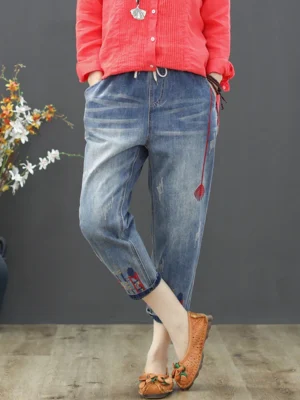 Jeansy damskie baggy z elastycznego denimu, z haftem, w stylu grunge