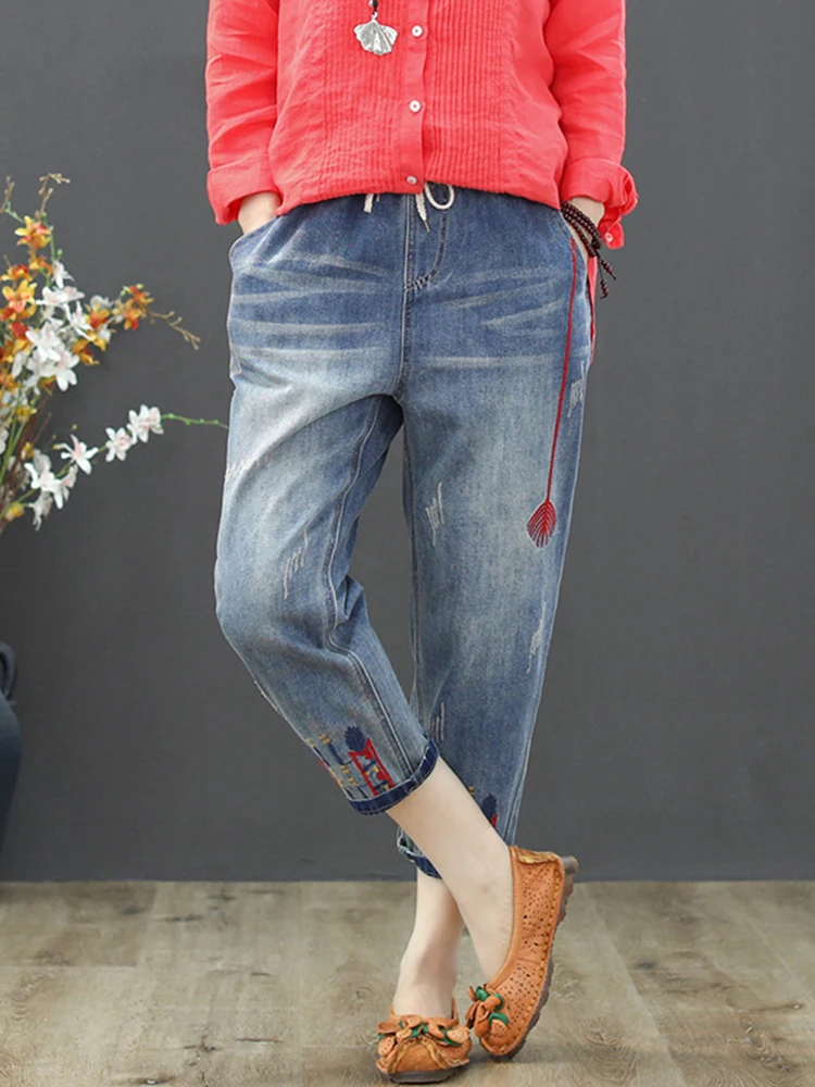 Jeansy damskie baggy z elastycznego denimu, z haftem, w stylu grunge