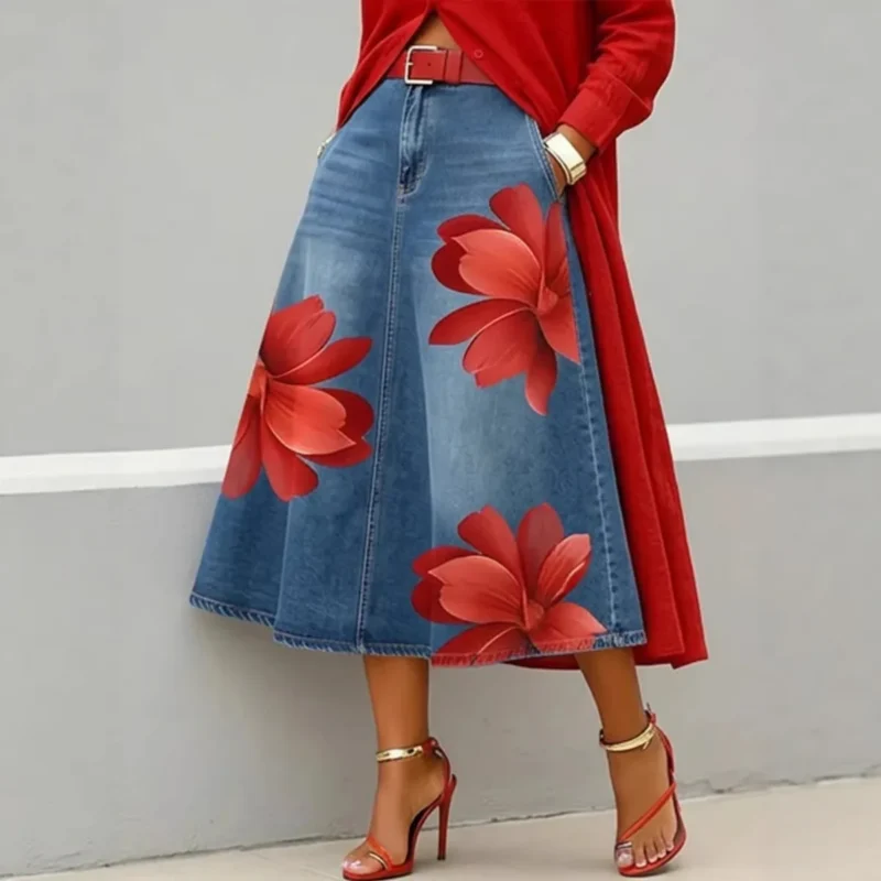 Czerwone jeansy damskie flare z wysokim stanem, plus size
