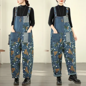 Jeansy damskie baggy plus size, patchworkowe, z nadrukiem