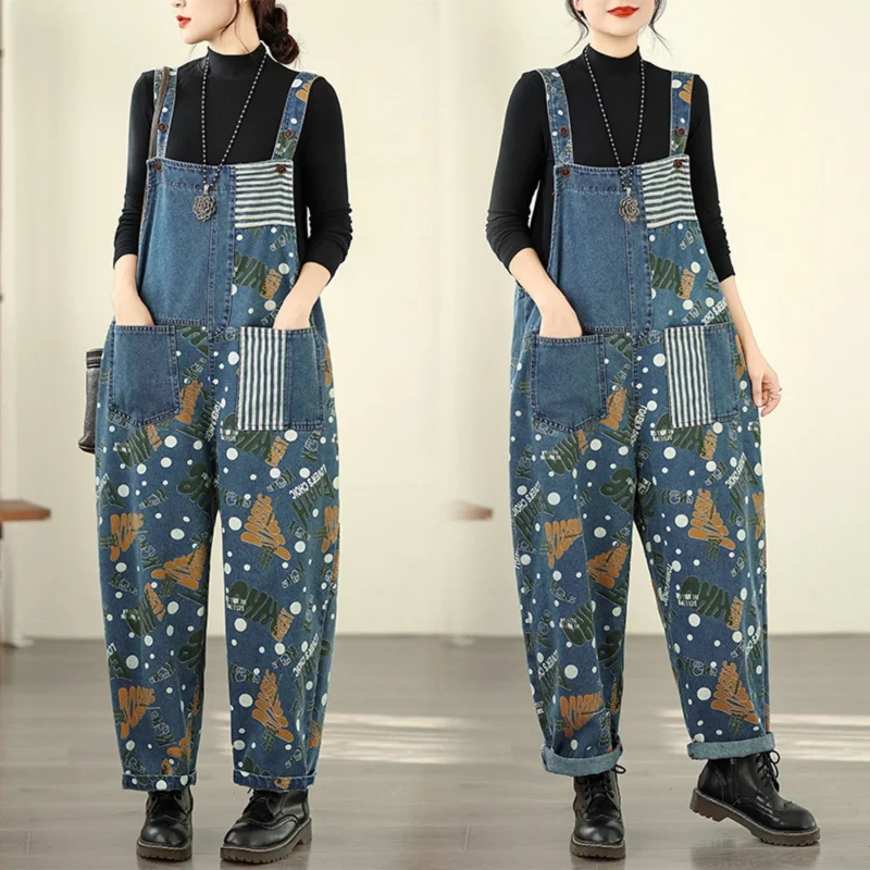 Jeansy damskie baggy plus size, patchworkowe, z nadrukiem