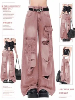 Jeansy damskie baggy z ciemnym wzorem na nogawkach - ujęcie produktu