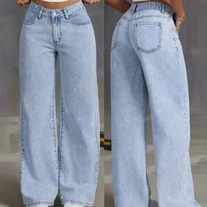 Różowe jeansy damskie wide leg z wysokim stanem, w stylu retro