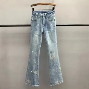 Jeansy damskie slim fit z wysokim stanem, z elastycznego denimu, z haftem