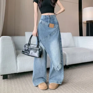 Niebieskie jeansy damskie wide leg, w stylu Y2K