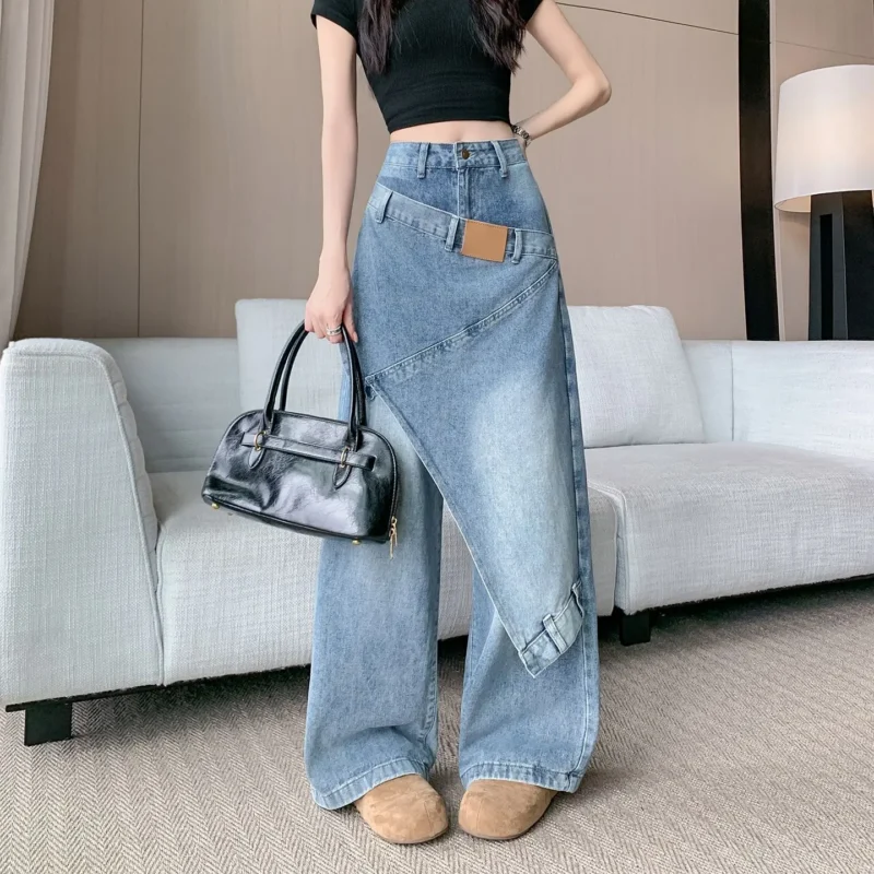 Niebieskie jeansy damskie wide leg, w stylu Y2K