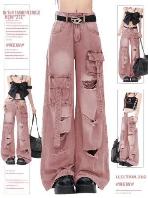 Jeansy damskie baggy z ciemnym wzorem na nogawkach - ujęcie produktu