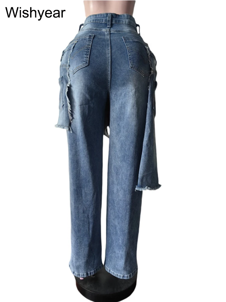 Niebieskie jeansy damskie wide leg z elastycznego denimu, z przetarciami