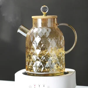 Szklany czajnik do herbaty z bambusową pokrywką, z filtrem, 1,8 l