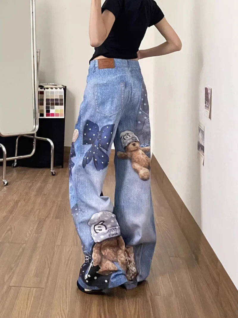 Niebieskie jeansy damskie baggy z nadrukiem graffiti, w stylu Y2K