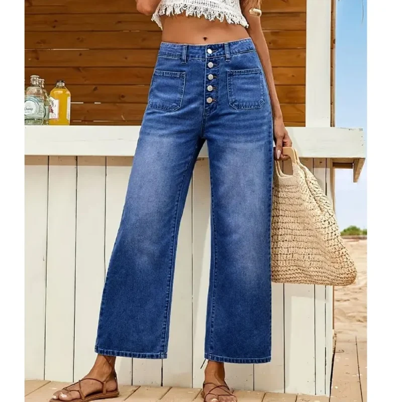 Jeansy damskie z wysokim stanem, z elastycznego denimu, z kieszeniami