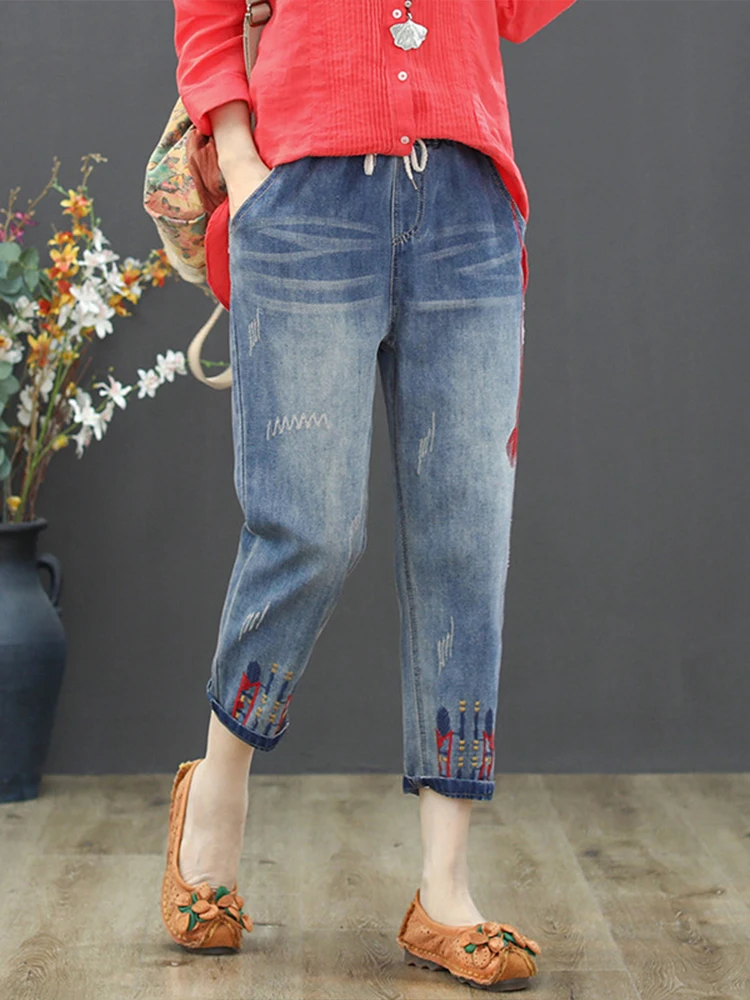 Jeansy damskie baggy z elastycznego denimu, z haftem, w stylu grunge