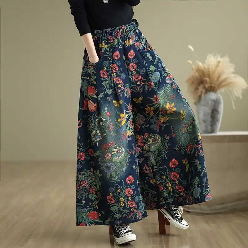Jeansy damskie baggy plus size, z elastycznego denimu, z kwiatowym wzorem
