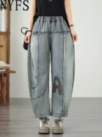 Jeansy damskie baggy plus size, z elastycznego denimu, z nadrukiem