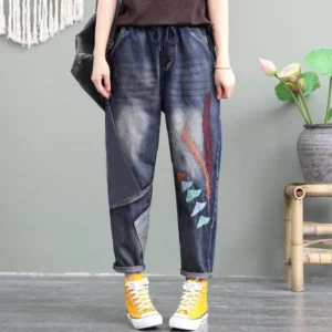 Jeansy damskie baggy plus size, z elastycznego denimu, z haftem