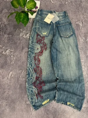 Jeansy damskie baggy z wysokim stanem, z haftem, w stylu Y2K