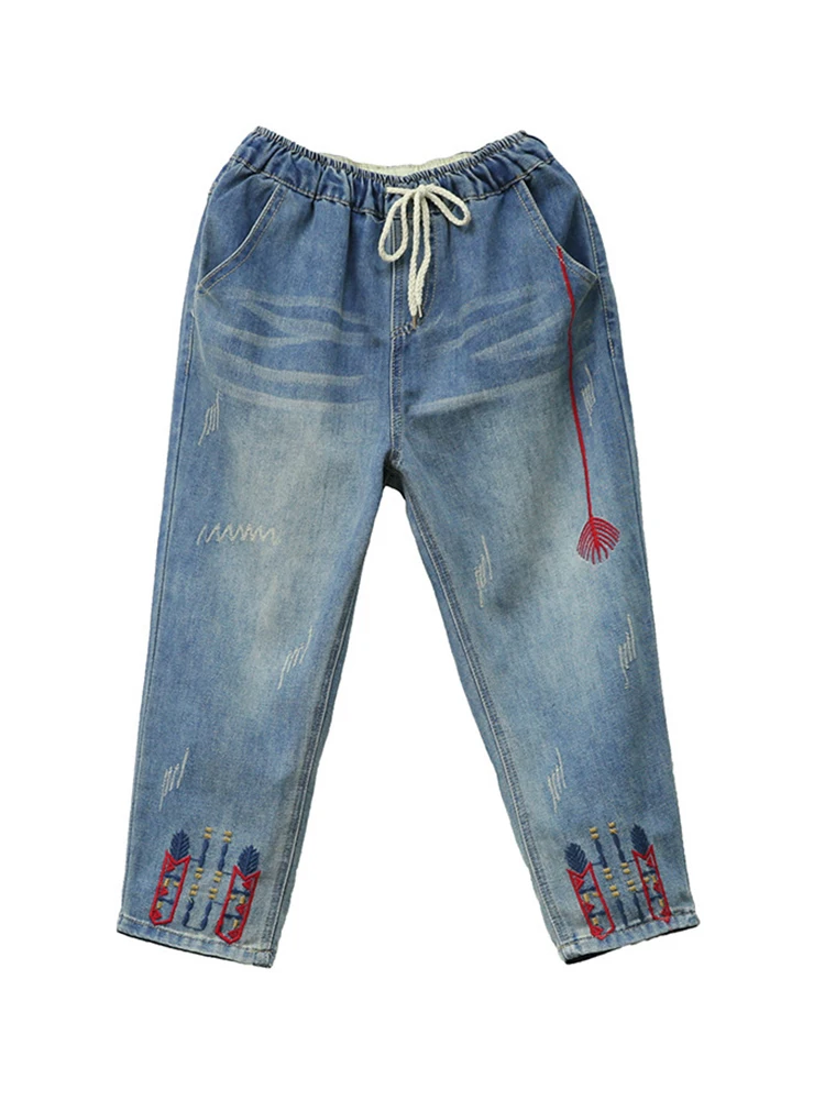 Jeansy damskie baggy z elastycznego denimu, z haftem, w stylu grunge