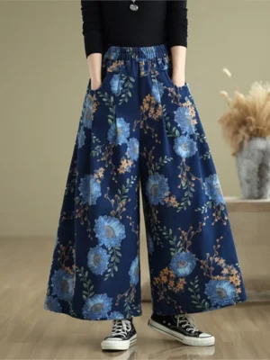 Jeansy damskie wide leg z wysokim stanem, z kwiatowym wzorem