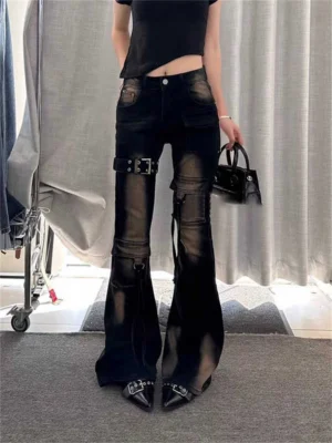 Jeansy damskie cargo z wysokim stanem, z elastycznego denimu, w stylu Y2K