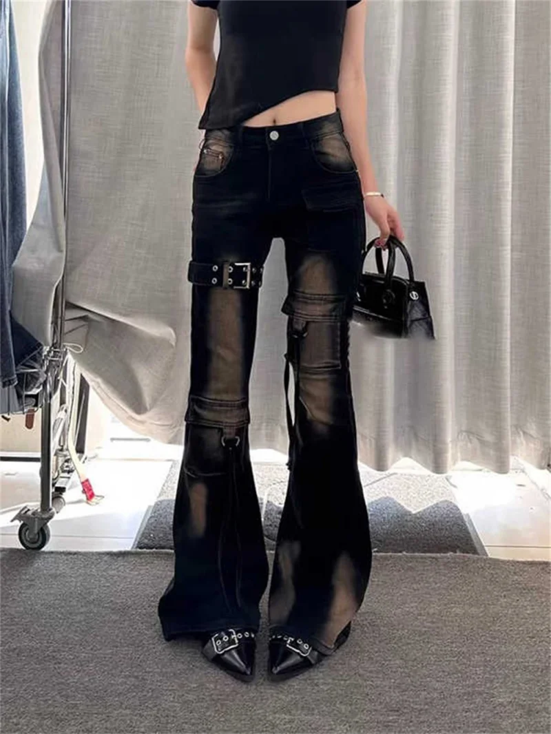 Jeansy damskie cargo z wysokim stanem, z elastycznego denimu, w stylu Y2K