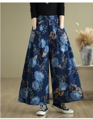 Jeansy damskie wide leg z wysokim stanem, z kwiatowym wzorem