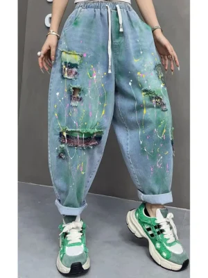 Jeansy damskie baggy z wysokim stanem, plus size, z przetarciami