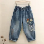 Jeansy damskie baggy z haftem, z kwiatowym wzorem, w stylu grunge