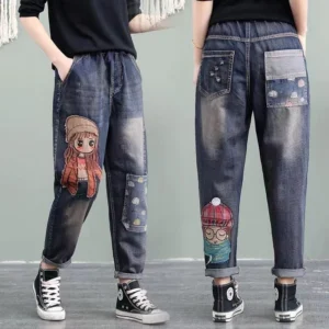 Jeansy damskie baggy z elastycznego denimu, z haftem, w stylu retro