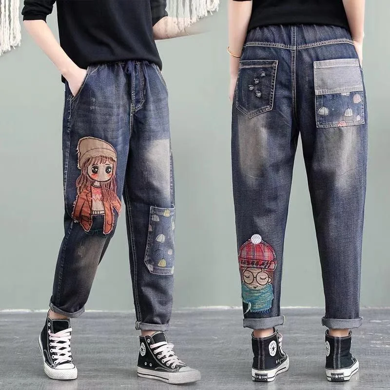 Jeansy damskie baggy z elastycznego denimu, z haftem, w stylu retro
