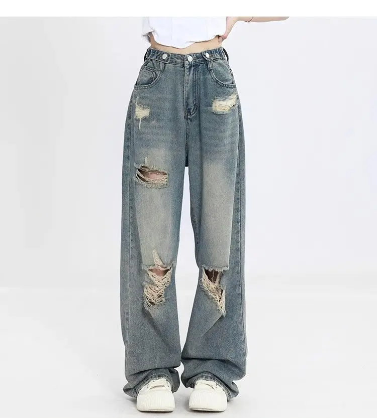 Jeansy damskie baggy z wysokim stanem, z przetarciami, w stylu streetwear