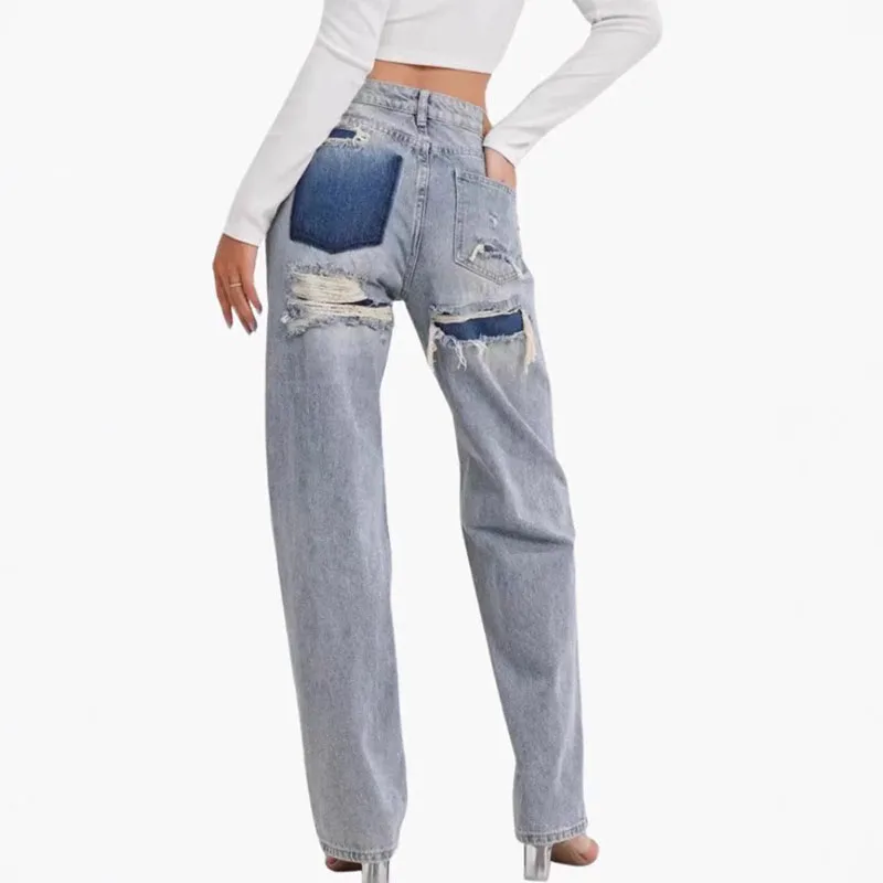 Jeansy damskie baggy z kieszeniami, z motywem gwiazd, w stylu retro