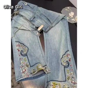 Jeansy damskie wide leg z wysokim stanem, z haftem