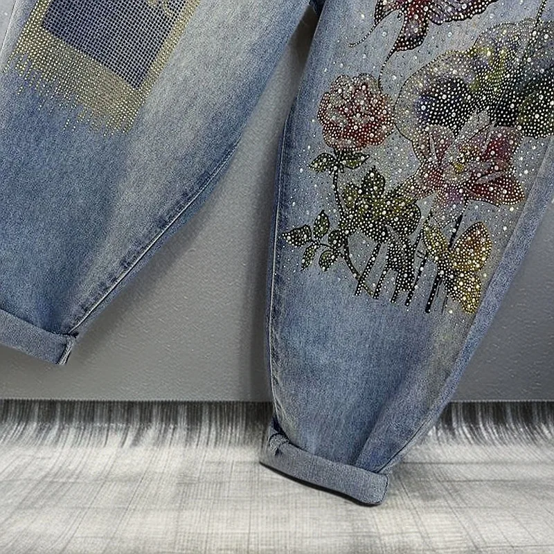 Jeansy damskie baggy z wysokim stanem, z ozdobnymi dżetami, w stylu retro
