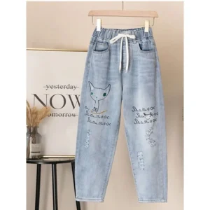 Jeansy damskie mom fit z wysokim stanem, plus size, z elastycznego denimu