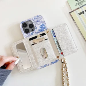 Etui na telefon z portfelem na karty, z paskiem, z lusterkiem, skórzane