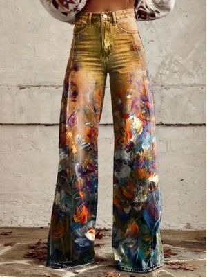 Niebieskie jeansy damskie wide leg z nadrukiem
