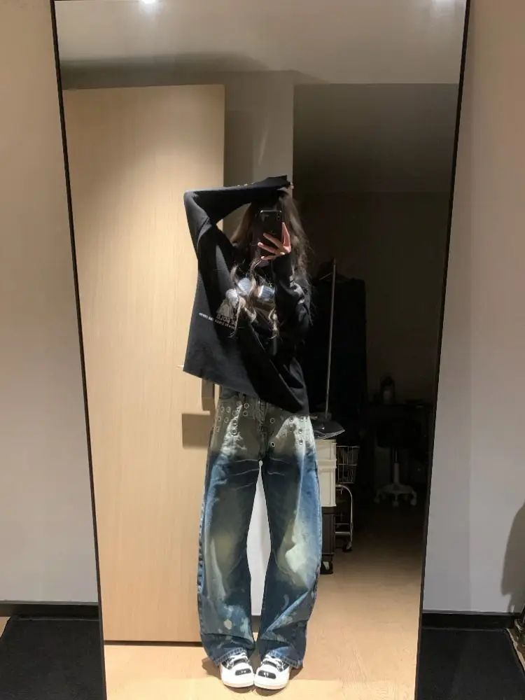 Jeansy damskie wide leg z przetarciami, w stylu streetwear